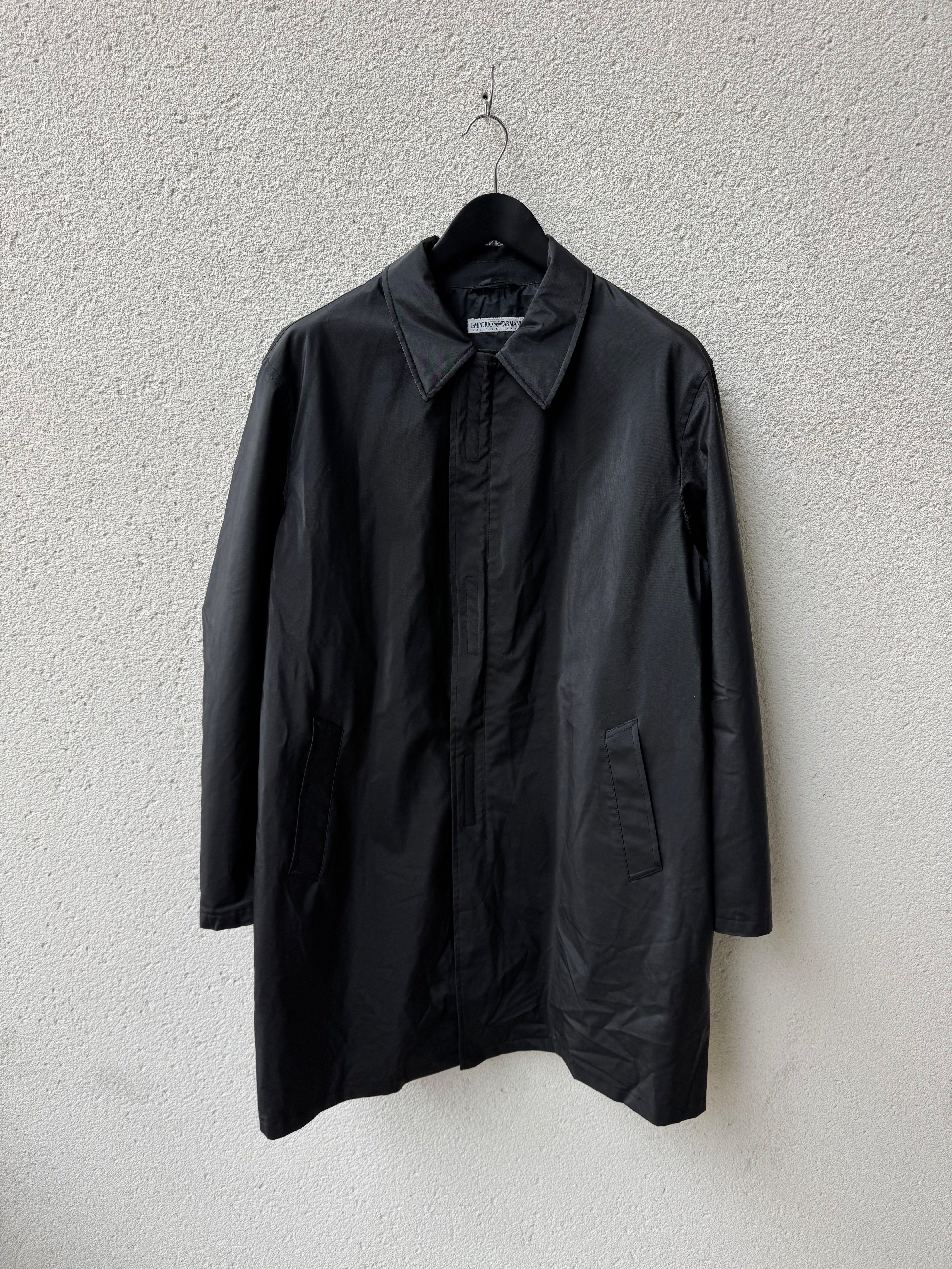 archive ARMANI nylon Balmacaan Coat 黒 A/W 1998 Emporio Armani Treated Ballistic Nylon Mac Coat – disarmstore