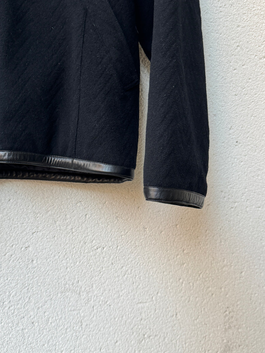 (XL) 1990s Messori Black Wool Chevron Blouson with Leather Trim