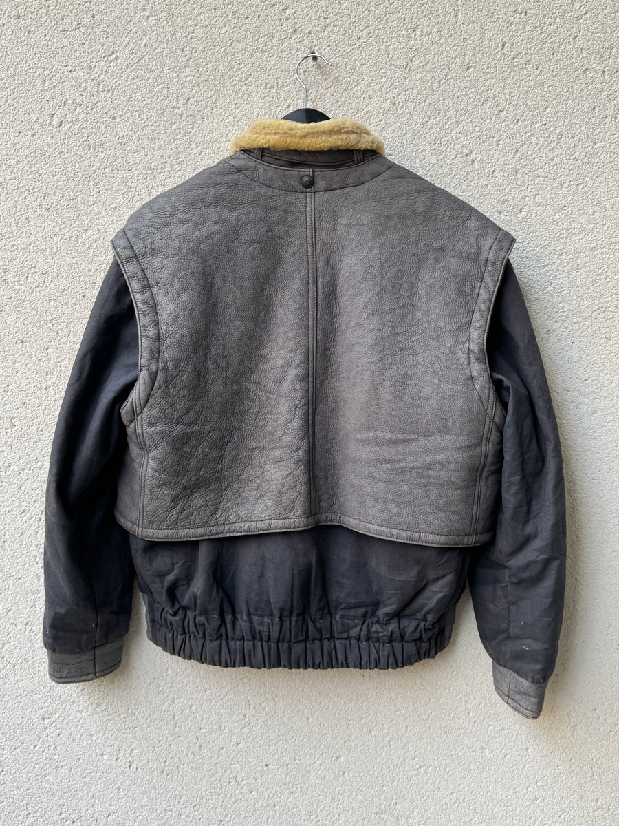 (L) 1970s Marithé + François Girbaud Modular Removeable Leather Vest Utility Jacket with Shearling Trim