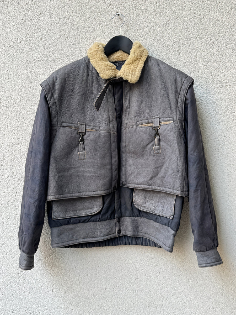 (L) 1970s Marithé + François Girbaud Modular Removeable Leather Vest Utility Jacket with Shearling Trim