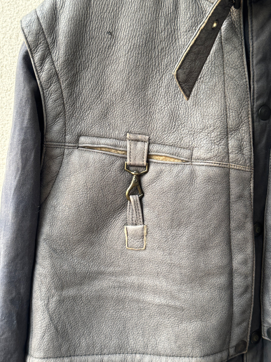 (L) 1970s Marithé + François Girbaud Modular Removeable Leather Vest Utility Jacket with Shearling Trim