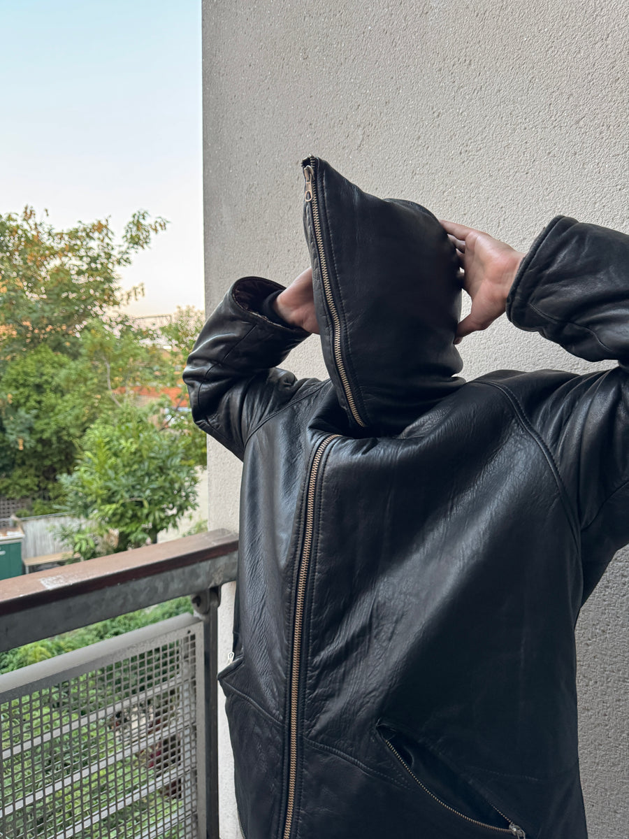 (L) AW1991 Giorgio Armani Black Leather “Gimp” Parka Jacket