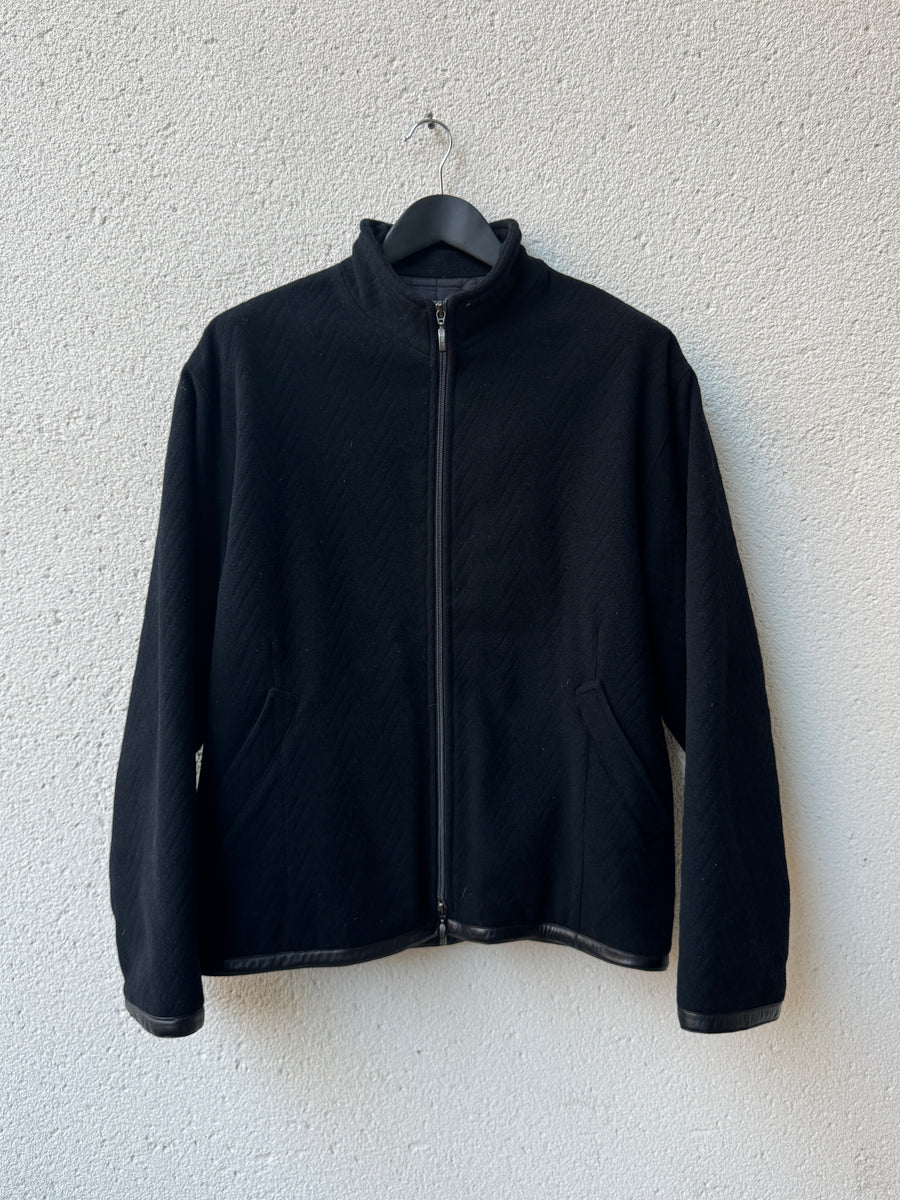 (XL) 1990s Messori Black Wool Chevron Blouson with Leather Trim
