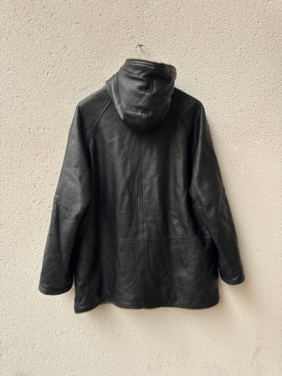 (L) AW1991 Giorgio Armani Black Leather “Gimp” Parka Jacket