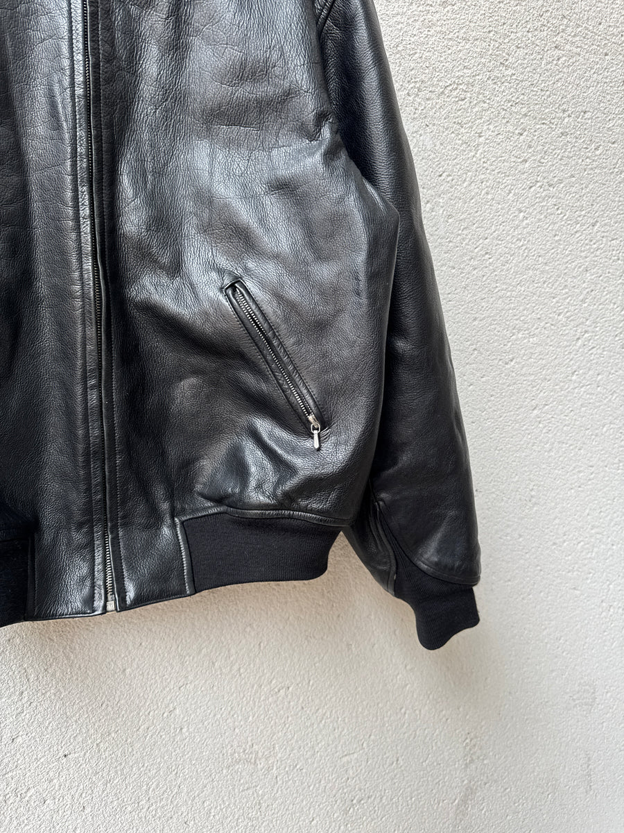 (L) 1980s Katharine Hamnett Black Leather Bomber Jacket