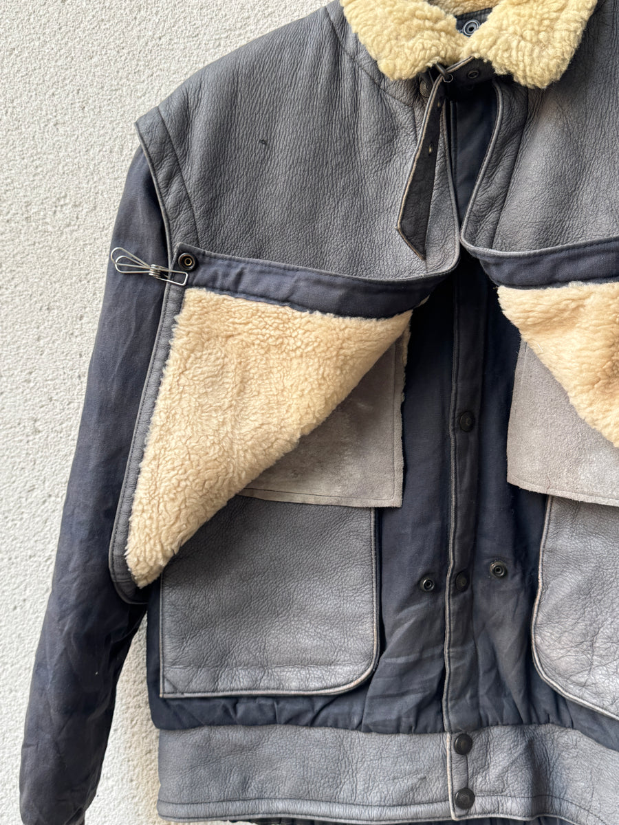 (L) 1970s Marithé + François Girbaud Modular Removeable Leather Vest Utility Jacket with Shearling Trim