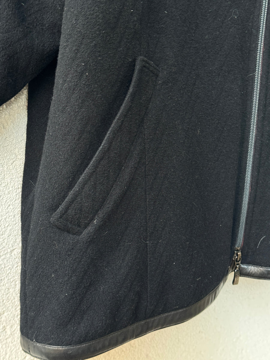 (XL) 1990s Messori Black Wool Chevron Blouson with Leather Trim