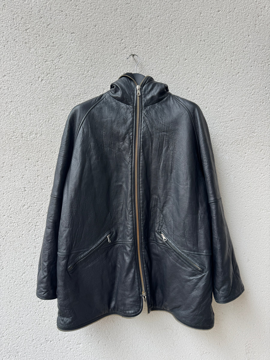 (L) AW1991 Giorgio Armani Black Leather “Gimp” Parka Jacket
