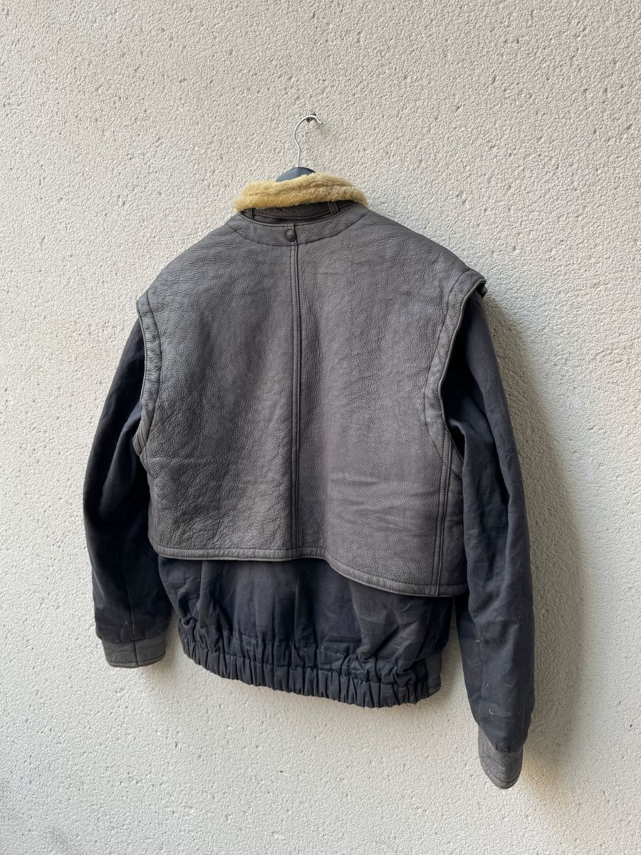 (L) 1970s Marithé + François Girbaud Modular Removeable Leather Vest Utility Jacket with Shearling Trim