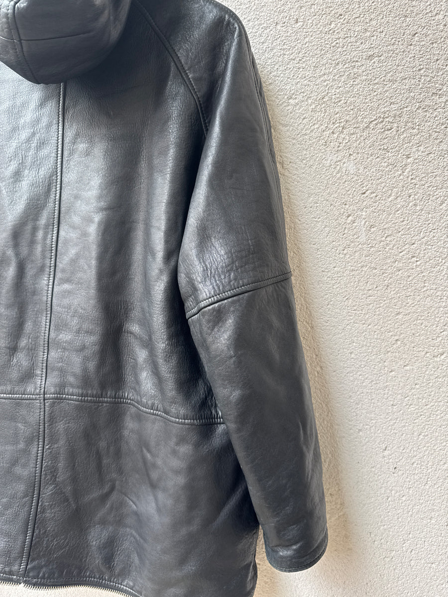(L) AW1991 Giorgio Armani Black Leather “Gimp” Parka Jacket