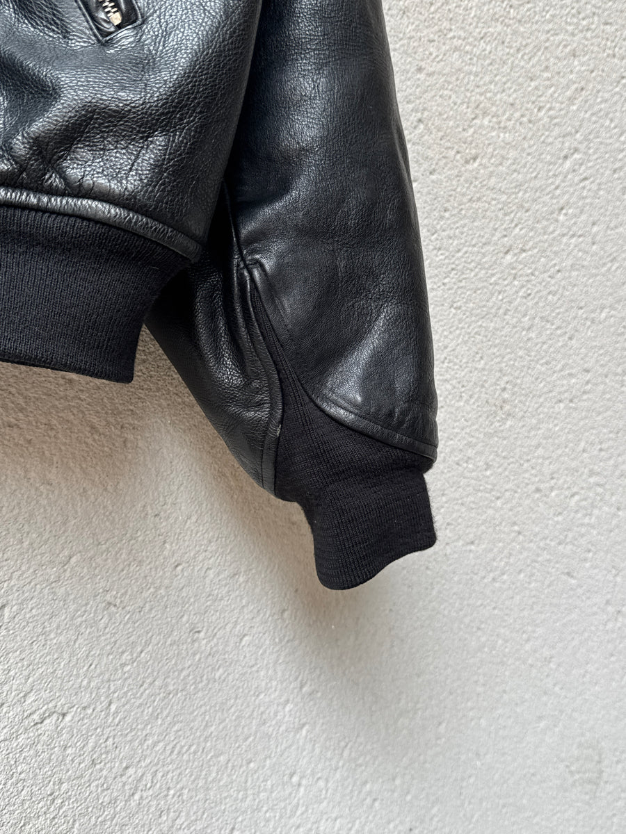 (L) 1980s Katharine Hamnett Black Leather Bomber Jacket
