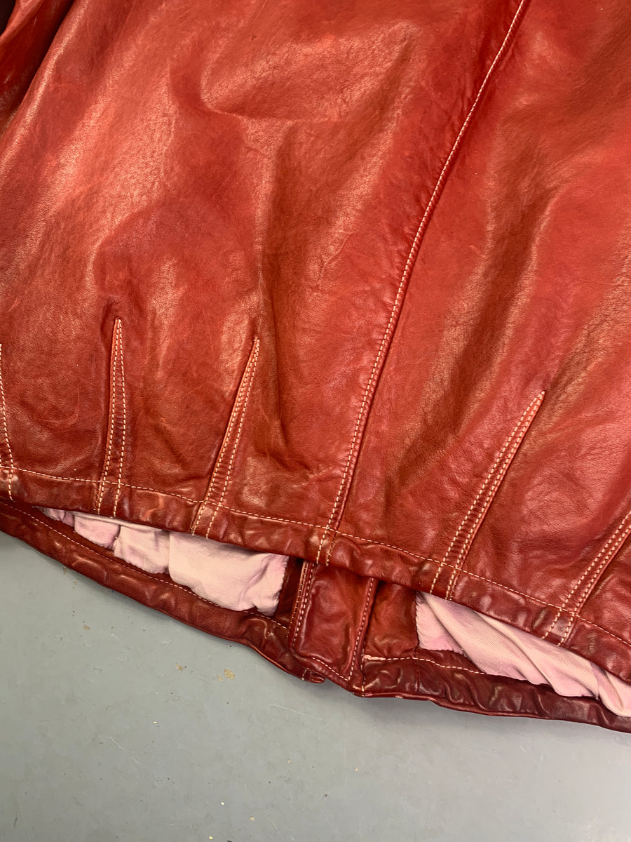 (L) Emporio Armani AW1992 Object Dyed Leather Bomber with Contrast Stitching.