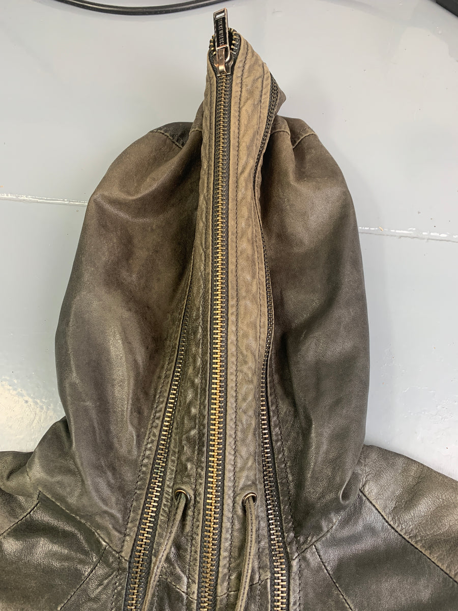 (L) Dirk Bikkembergs AW1998 Distressed Leather Multi Zip Gimp Hooded Bomber Jacket