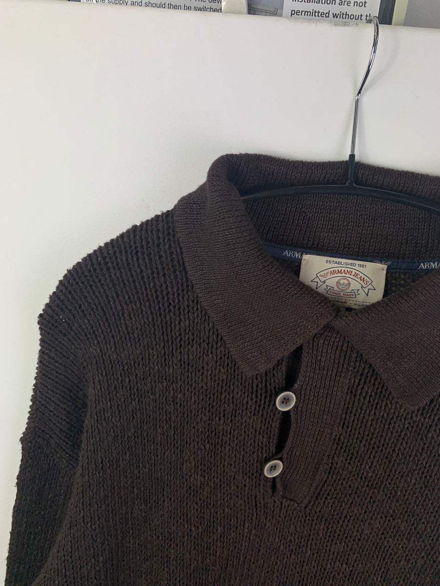 (L) Armani 1990s Boxy Chunky Loose Weave Collared Knit Sweater